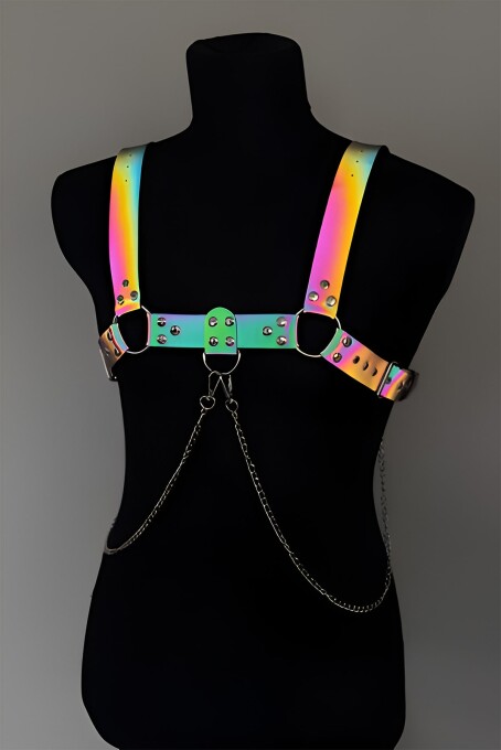 Rainbow Reflektörlü (Karanlıkta Parlayan) Zincir Detaylı Şık Erkek Göğüs Harness, Reflektörlü Clubwear - APFTM109 - 1