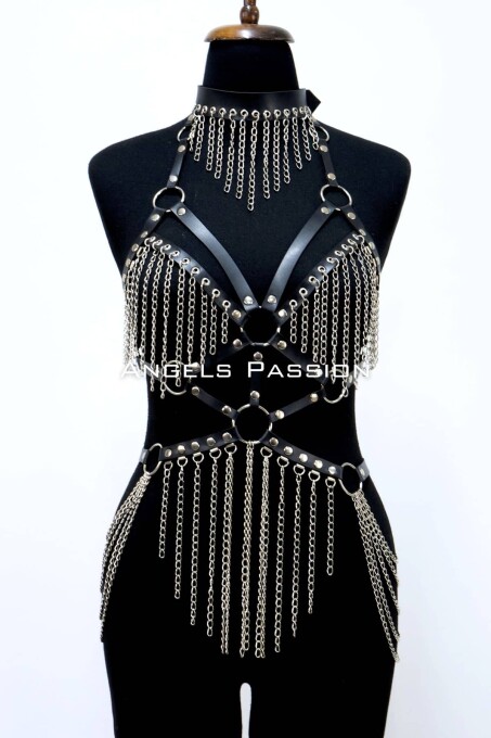 Zincirli Deri Harness, Deri Dansçı Kostüm, Choker Detaylı Deri Harness - APFT1397 - 2