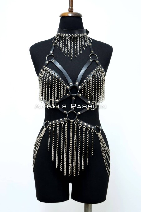 Zincirli Deri Harness, Deri Dansçı Kostüm, Choker Detaylı Deri Harness - APFT1397 - 4