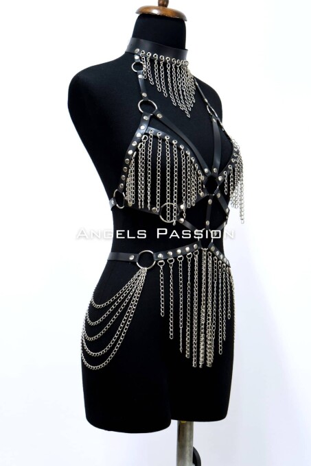 Zincirli Deri Harness, Deri Dansçı Kostüm, Choker Detaylı Deri Harness - APFT1397 - 3