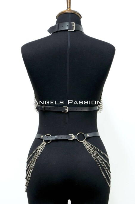 Zincirli Deri Harness, Deri Dansçı Kostüm, Choker Detaylı Deri Harness - APFT1397 - 6